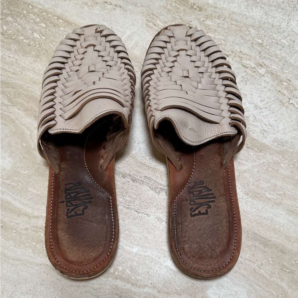 Esparto Woven Leather Slide Sandals in Beige